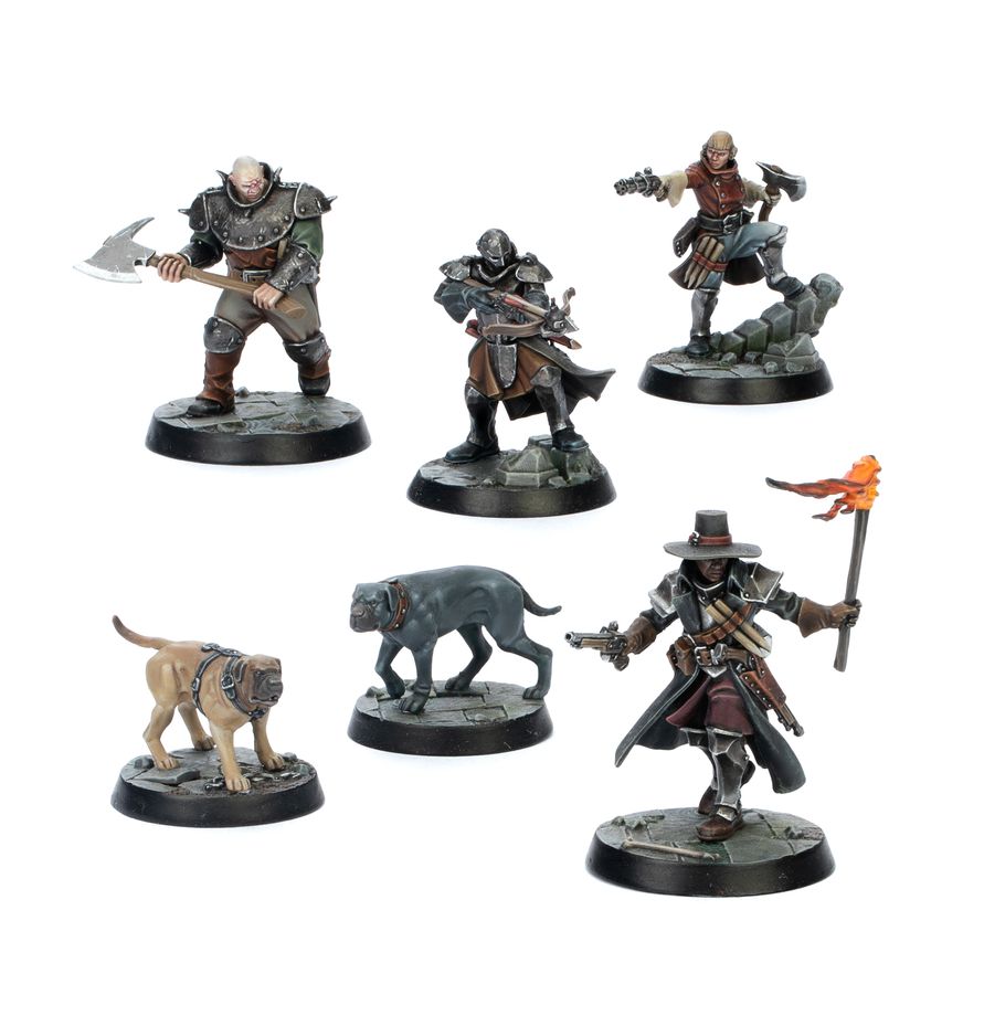 Hexbane's Hunters - 6 figurek łowców z psami Haskel z pochodnią pistoletem i toporem w szarych i brązowych strojach