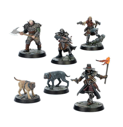 Hexbane's Hunters - 6 figurek łowców z psami Haskel z pochodnią pistoletem i toporem w szarych i brązowych strojach