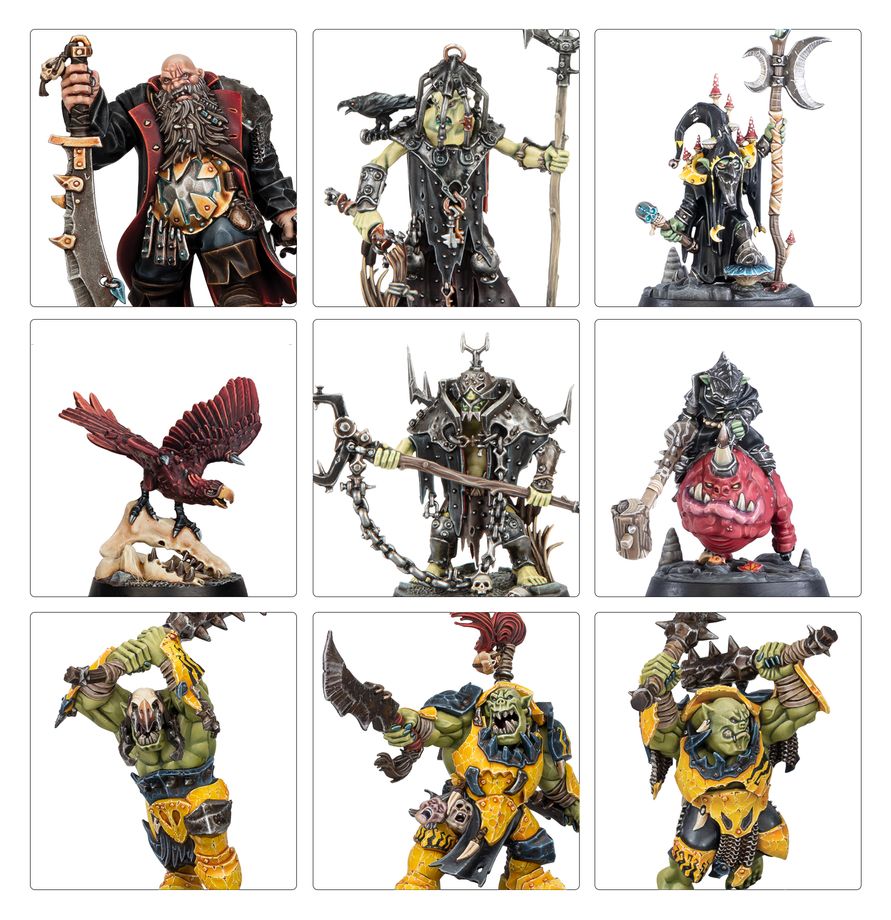 Destruction Warbands Brutes and Bandits - zbliżenia Gorlok Mannok z wroną Grinkrak Morgok z łańcuchem gryfonem i Orrukami