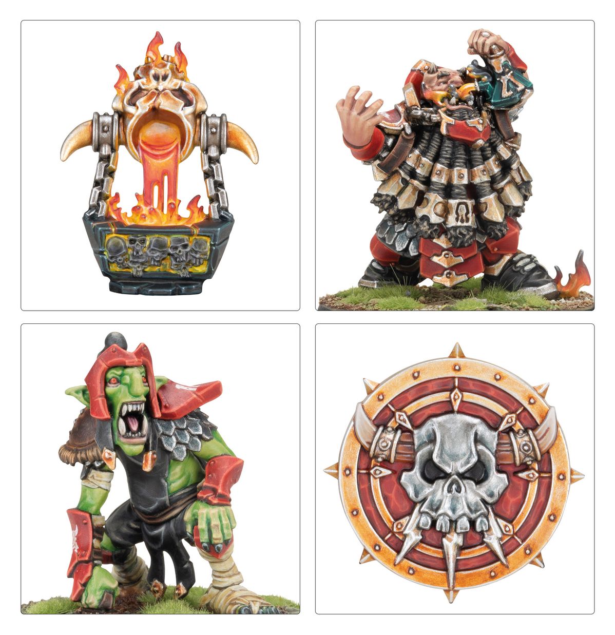 Chaos Dwarf Blood Bowl Team - znacznik tury z czaszką, Chaos Dwarf Flamesmith, Hobgoblin i moneta drużyny