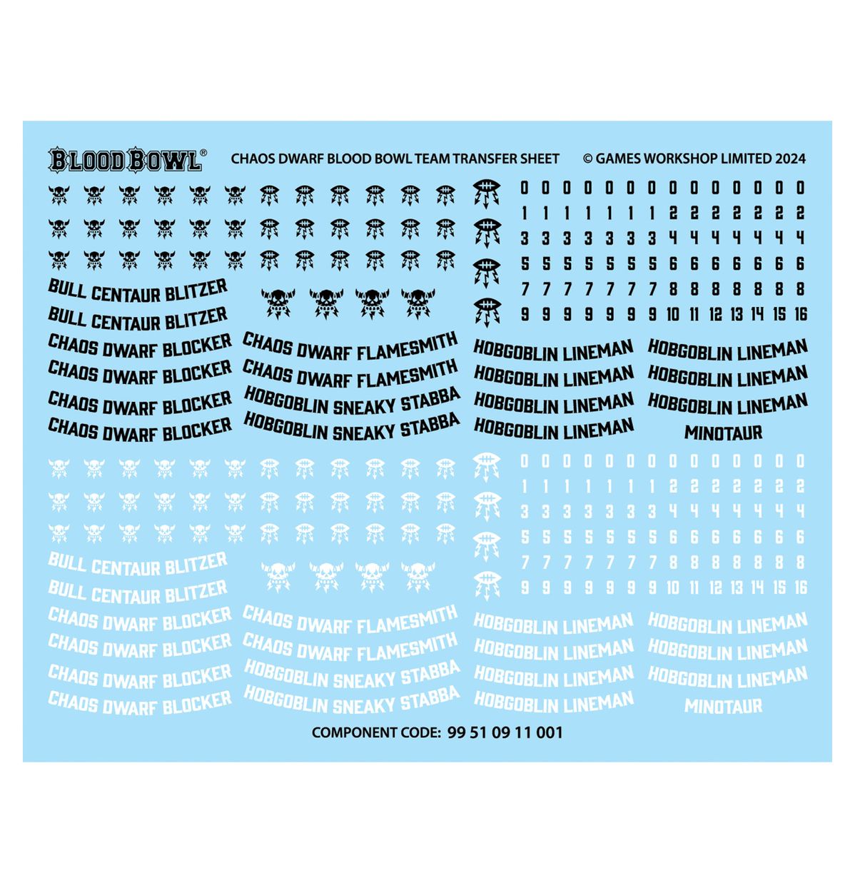 Chaos Dwarf Blood Bowl Team Transfer Sheet - arkusz kalkomanii z nazwami pozycji i numerami