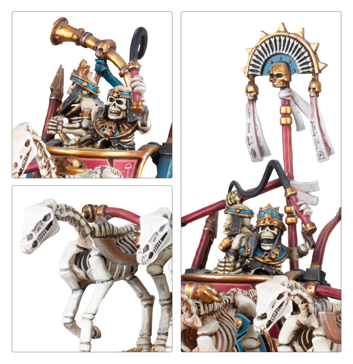 Skeleton Chariots – zbliżenia na detale: muzyk z trąbką, konie-szkielety w galopie oraz chorąży z totemem słońca i załoga rydwanu, Warhammer The Old World, Games Workshop
