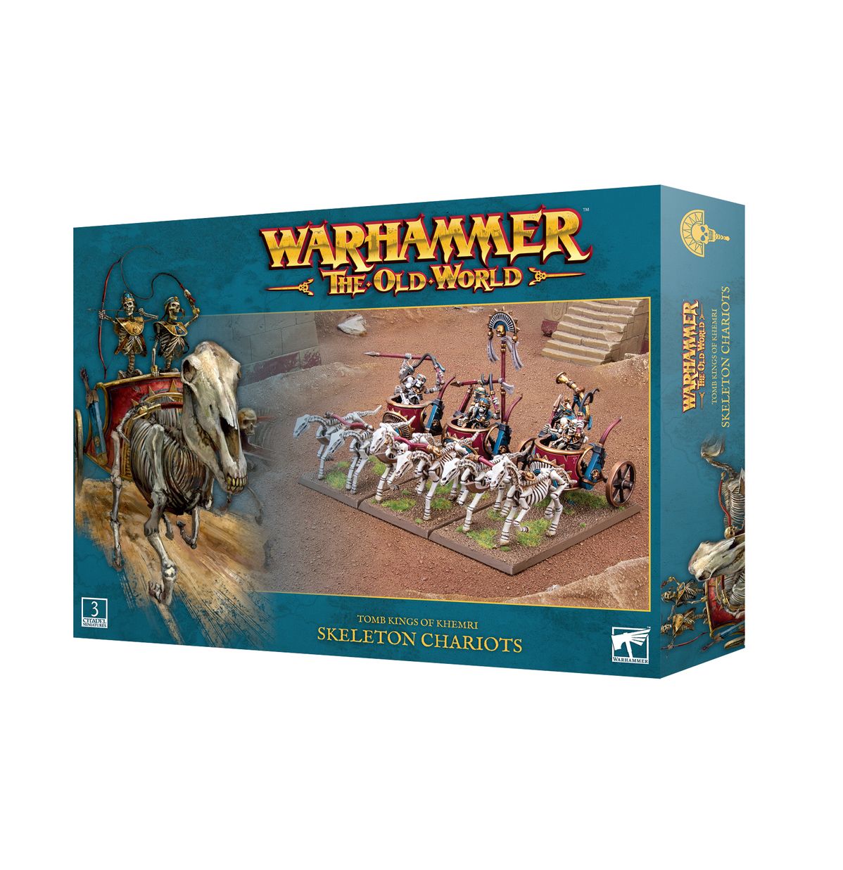 Skeleton Chariots – pudełko zestawu Tomb Kings of Khemri z ilustracją rydwanów szkieletów na pustyni, Warhammer: The Old World, Games Workshop
