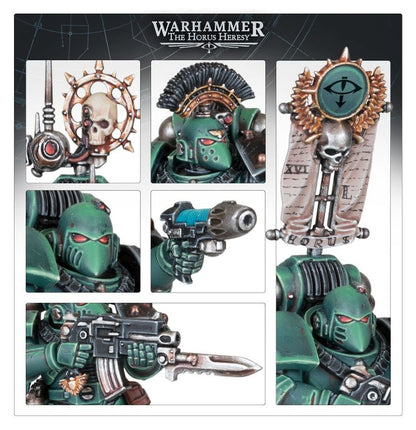 MKVI Tactical Squad - zbliżenia detali vexilla z czaszką hełm z pióropuszem tarcza z okiem Horusa XVI hełm beakie pistolet plazmowy z niebieską lufą i bolter z bagnetem Horus Heresy