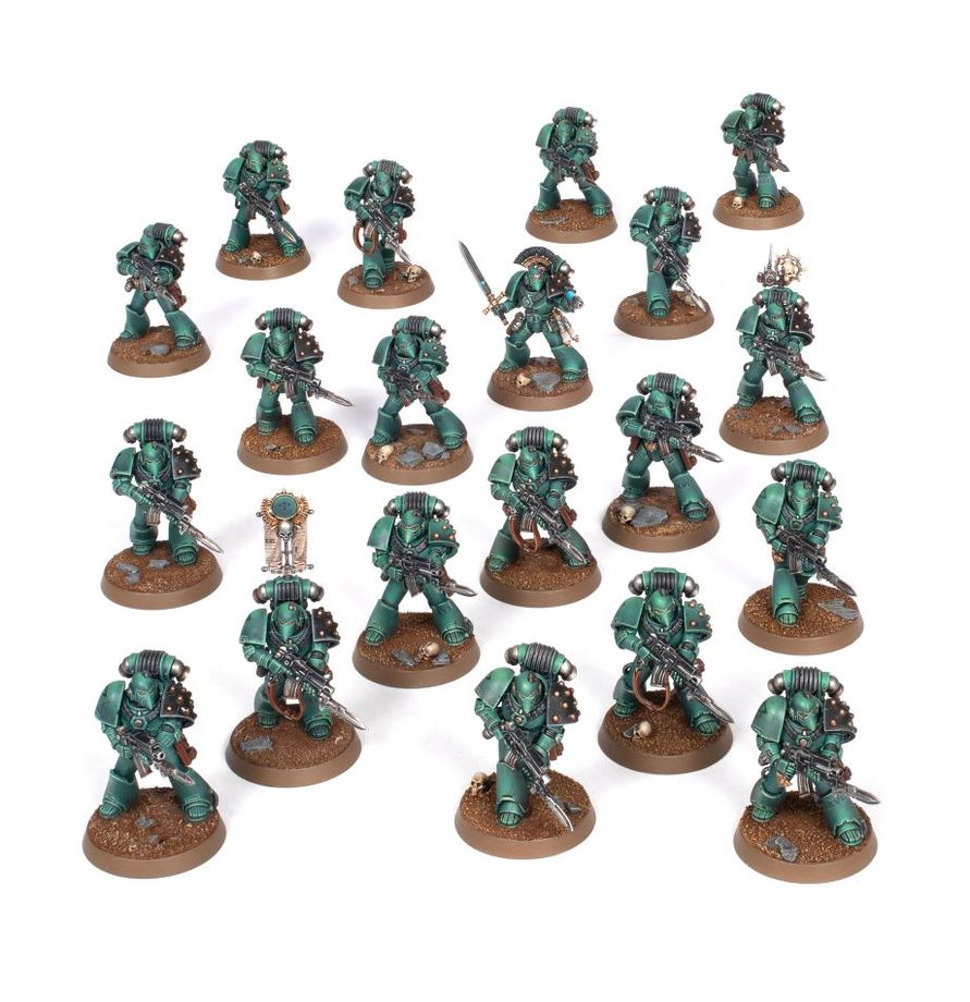 MKVI Tactical Squad - 20 pomalowanych figurek Sons of Horus zielony pancerz MKVI różne pozy bojowe z bolterami Sergeant z vexillą i mieczem mocy Horus Heresy Games Workshop