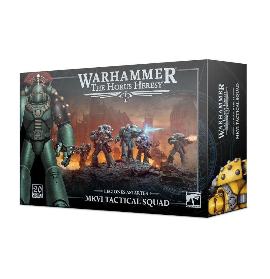 MKVI Tactical Squad - pudełko Warhammer The Horus Heresy Legiones Astartes czarne z ilustracją Legionariuszy w płonących ruinach Sons of Horus i Imperial Fists 20 Citadel Miniatures