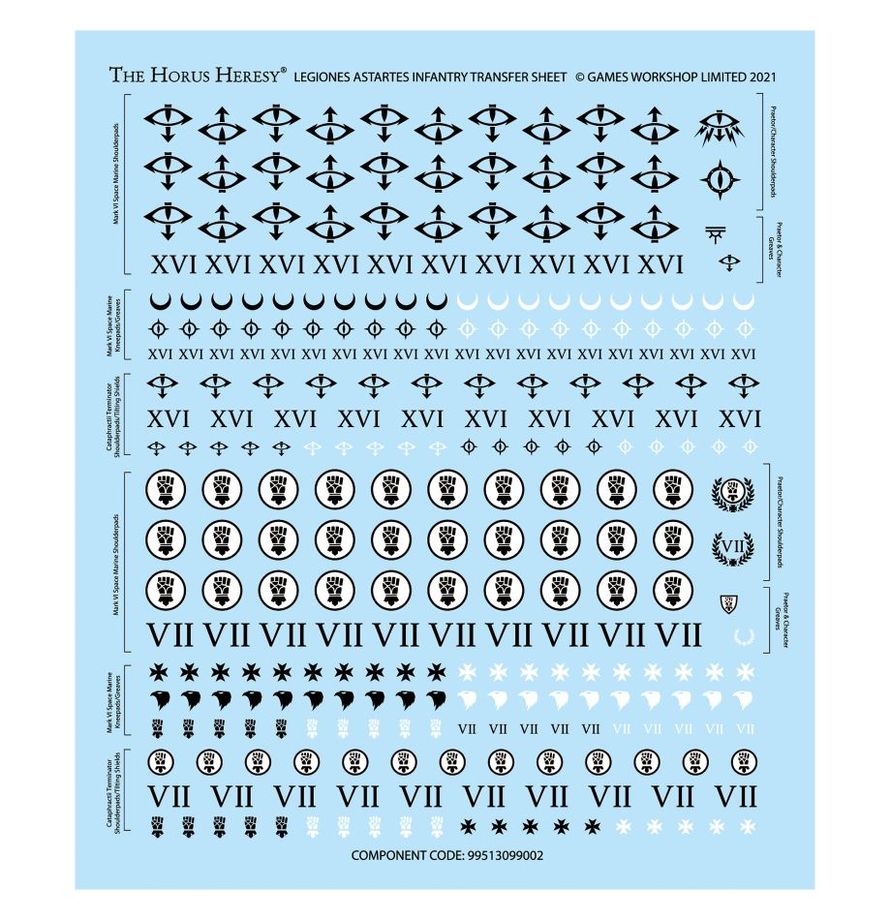 MKVI Tactical Squad - arkusz kalkomanii Legiones Astartes Infantry Transfer Sheet symbole Sons of Horus XVI i Imperial Fists VII 293 oznaczenia Horus Heresy Games Workshop