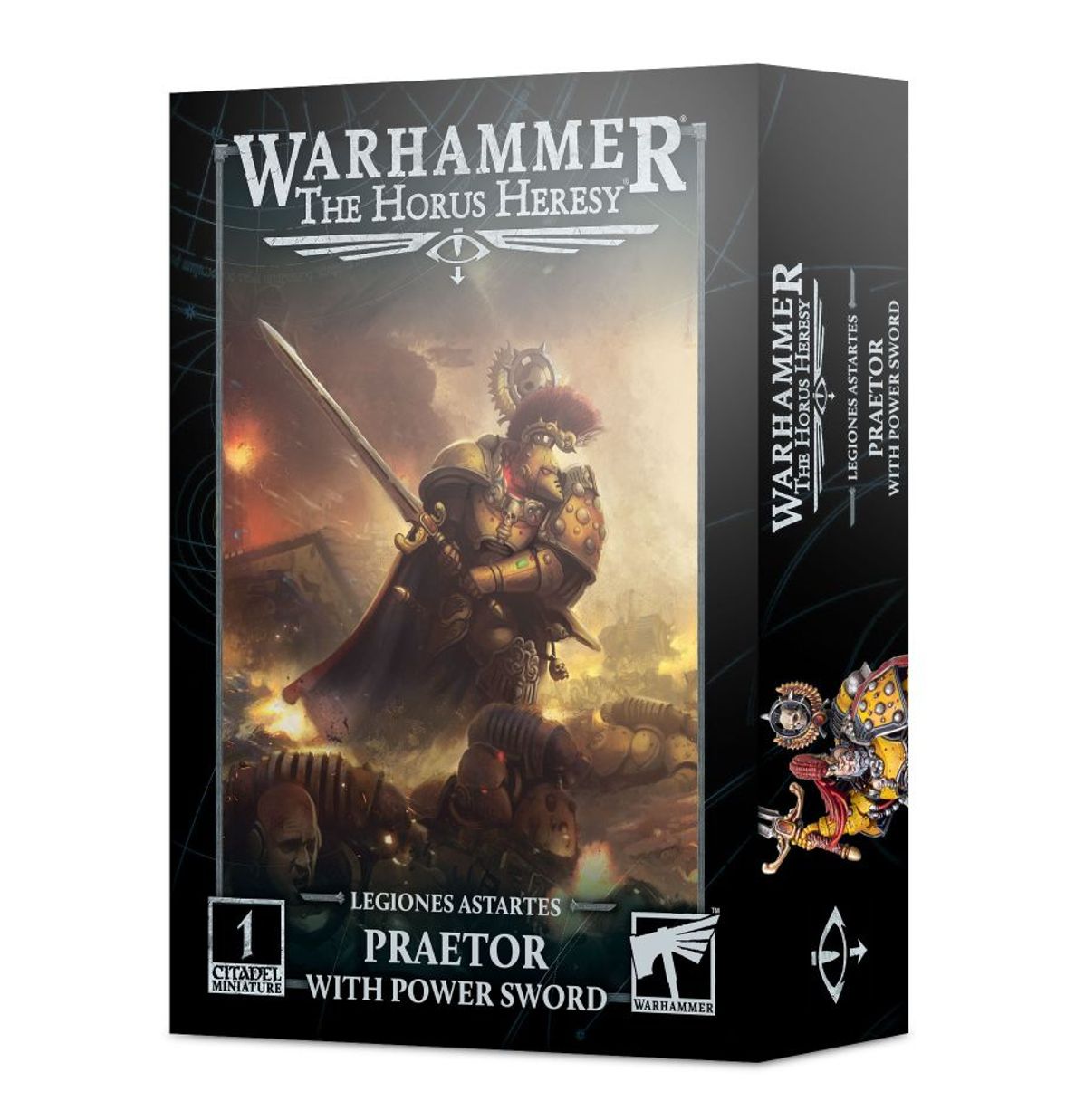 Legion Praetor with Power Sword - pudełko Warhammer The Horus Heresy Legiones Astartes czarne 1 Citadel Miniature Praetor z power sword na polu bitwy w ogniu Games Workshop