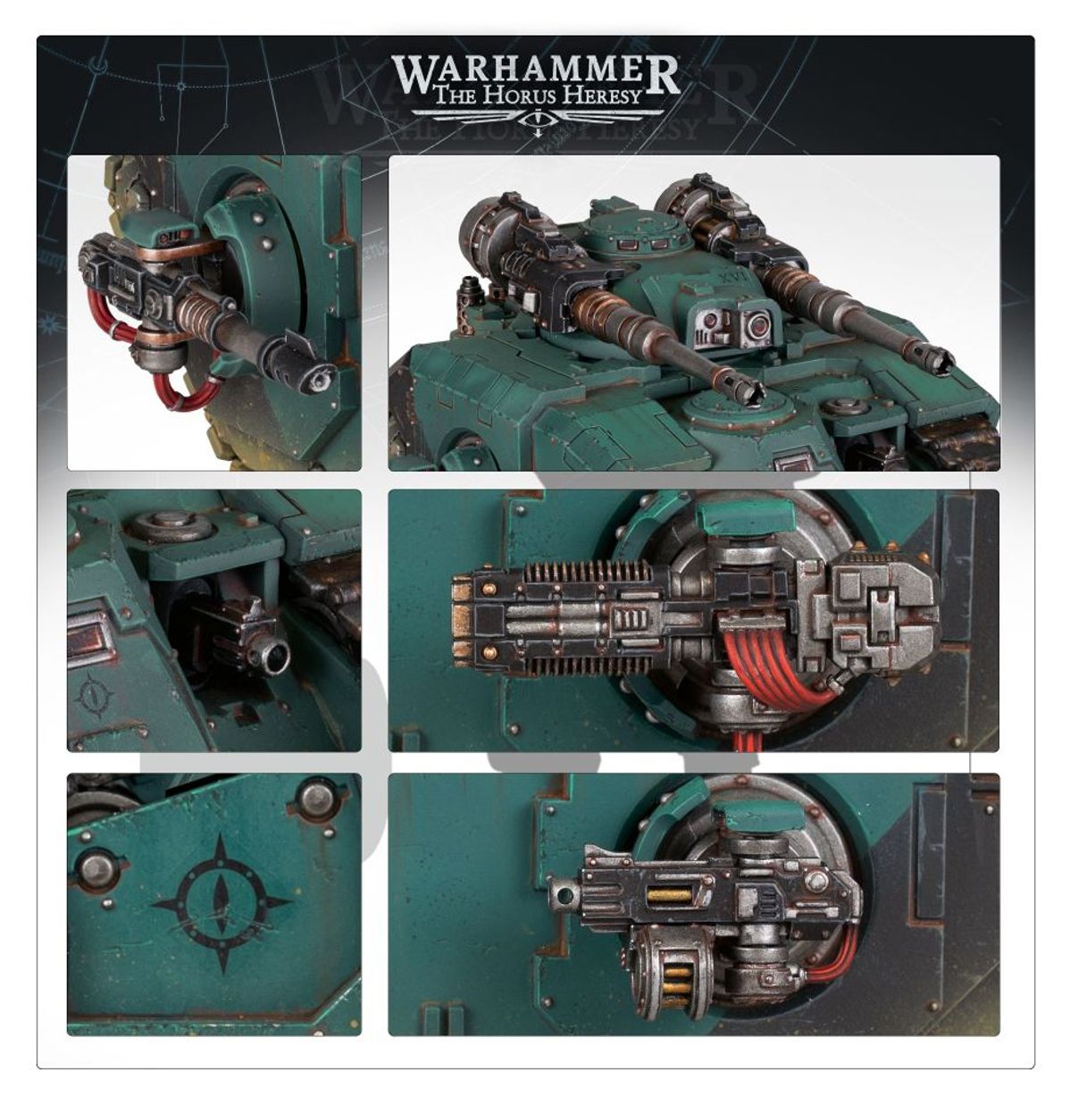 Sicaran Battle Tank - 6 zbliżeń detali sponson z lascannon i czerwonymi kablami twin accelerator autocannons z celownikiem mechanizm wieżyczki z czerwonymi kablami i symbol gwiazdy na bocznym panelu Horus Heresy