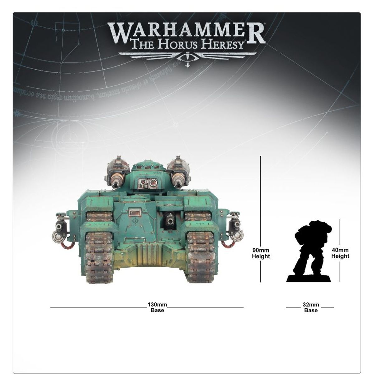Sicaran Battle Tank - porównanie rozmiarów widok z przodu 130mm szerokości podstawy i 90mm wysokości obok sylwetki Space Marine 32mm podstawy i 40mm wysokości Horus Heresy