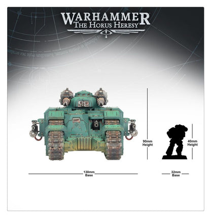 Sicaran Battle Tank - porównanie rozmiarów widok z przodu 130mm szerokości podstawy i 90mm wysokości obok sylwetki Space Marine 32mm podstawy i 40mm wysokości Horus Heresy