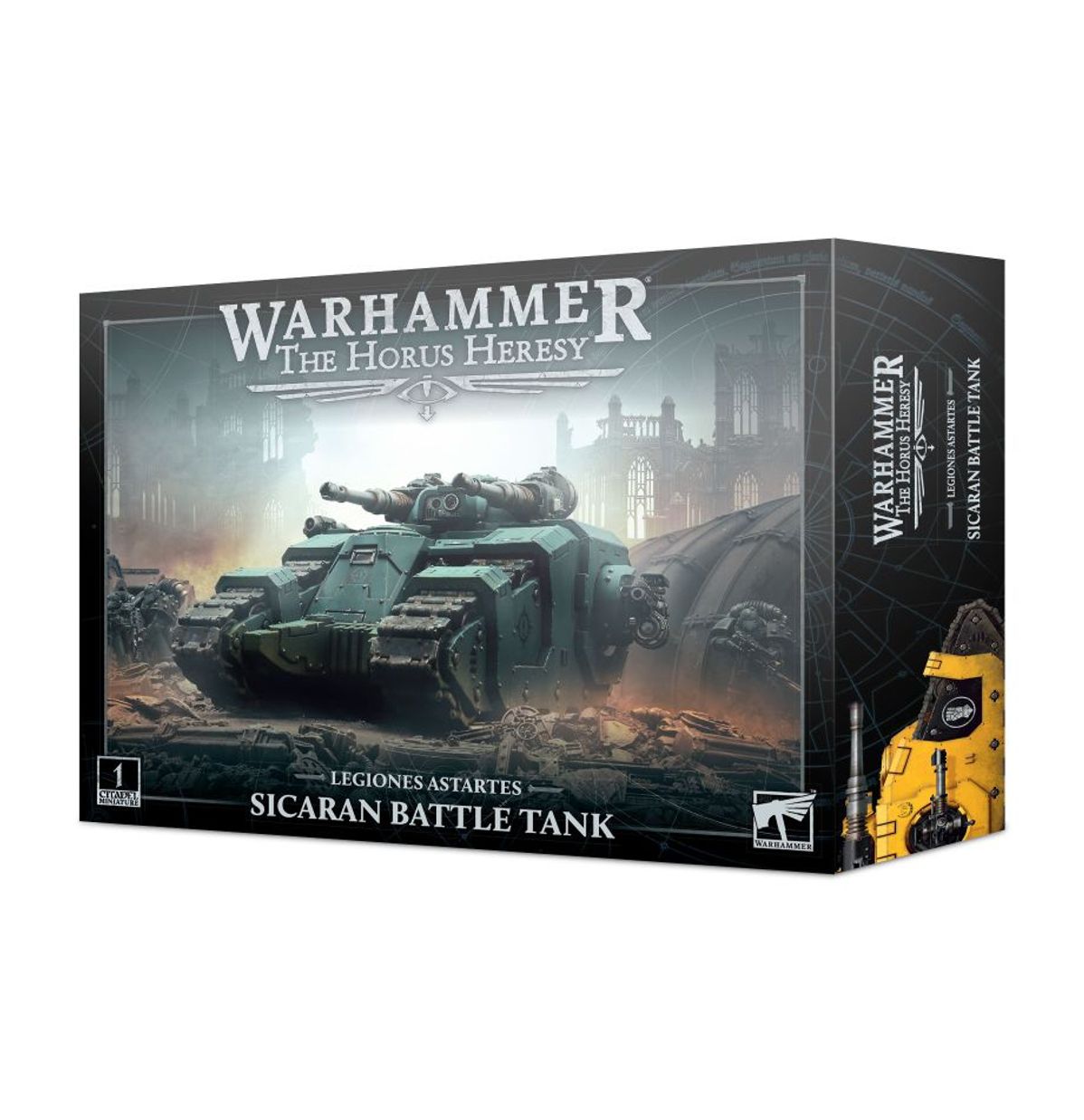 Sicaran Battle Tank - pudełko Warhammer The Horus Heresy Legiones Astartes czarne z ilustracją ciemnozielonego czołgu w płonących ruinach katedry 1 Citadel Miniature Games Workshop