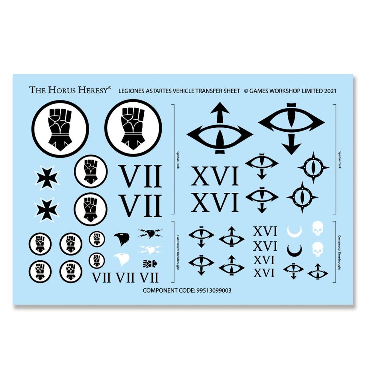 Sicaran Battle Tank - arkusz kalkomanii Legiones Astartes Vehicle Transfer Sheet symbole Imperial Fists VII pięść w kole i Sons of Horus XVI oko Horusa cyfry VII i XVI dla Spartan Tank i Contemptor Dreadnought Horus Heresy