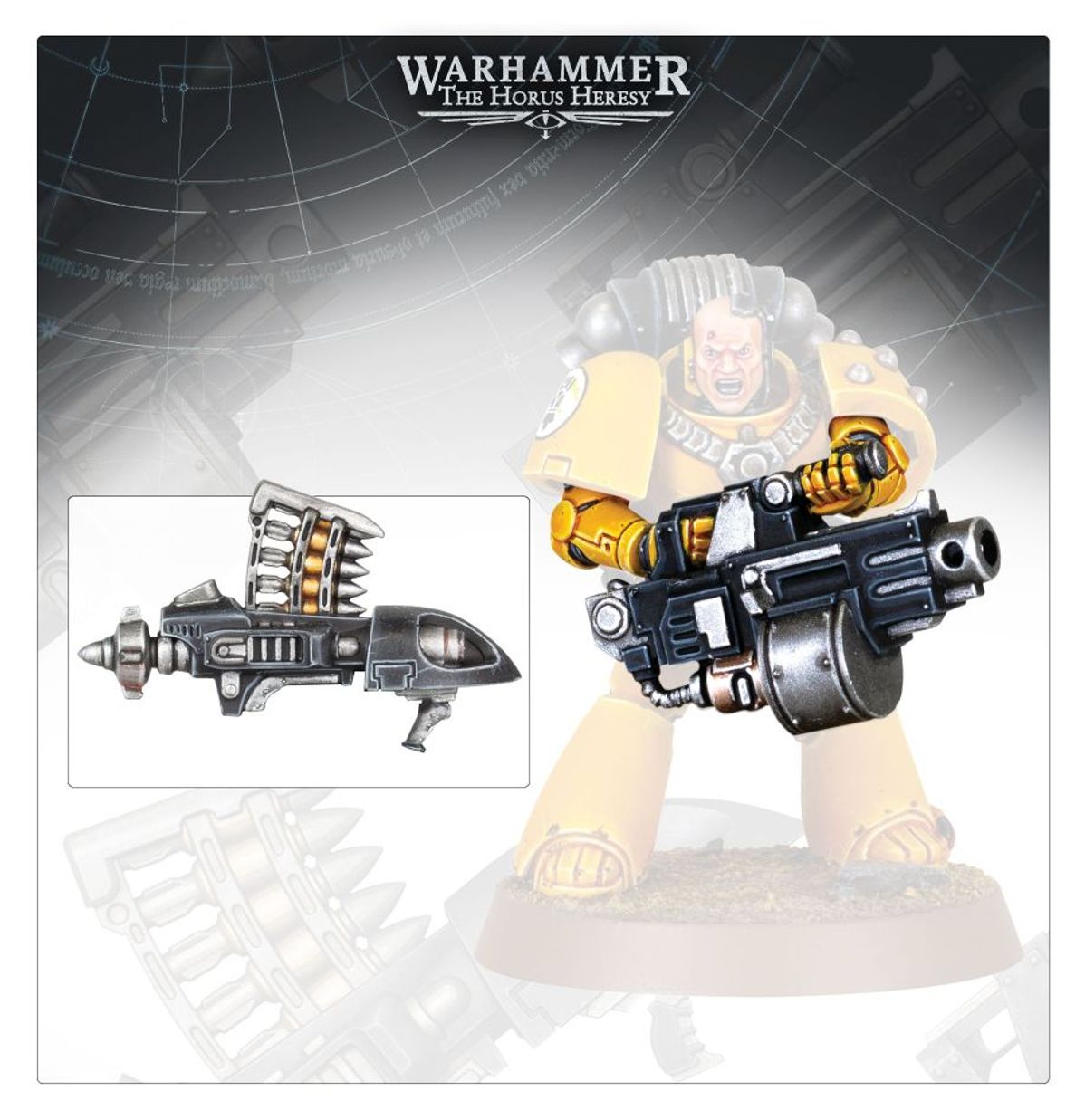 Heavy Weapons Upgrade Set - Imperial Fist w żółtej zbroi Mark II z czarnym heavy bolterem z żółto-złotymi detalami wstawka szary missile launcher z kolcami i zielonymi detalami Legiones Astartes Horus Heresy