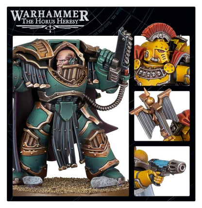 Praetor i Chaplain Consul Horus Heresy - plansza 4 zbliżenia: żółty hełm Praetora z czerwonym pióropuszem; złota siekiera z orłem; Chaplain Consul zielona zbroja łysa głowa; combi-melta żółta z niebieskim lufą Horus Heresy