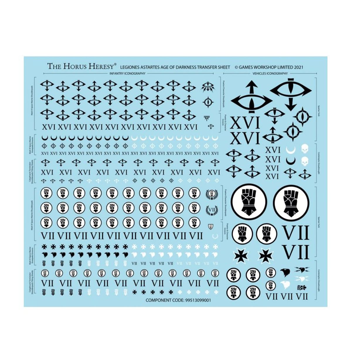  Legiones Astartes Transfer Sheet Horus Heresy - arkusz kalkomanii XVI Sons of Horus i VII Imperial Fists ikonografia piechoty i pojazdów czarne symbole na niebieskim tle 339 transferów