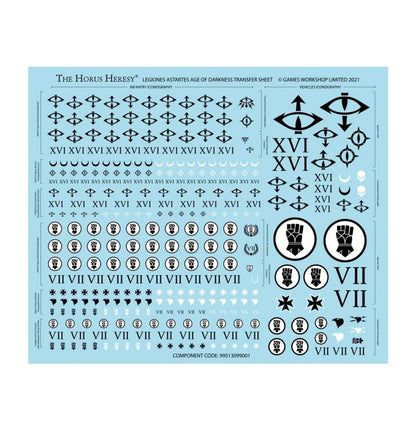  Legiones Astartes Transfer Sheet Horus Heresy - arkusz kalkomanii XVI Sons of Horus i VII Imperial Fists ikonografia piechoty i pojazdów czarne symbole na niebieskim tle 339 transferów