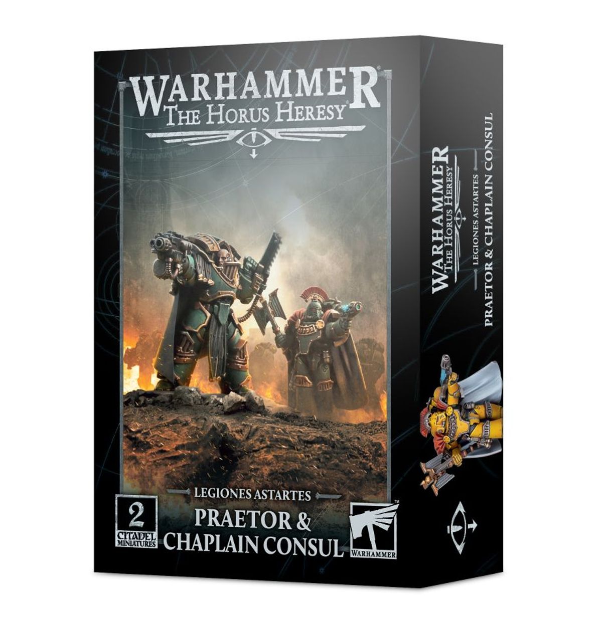 Praetor & Chaplain Consul - pudełko Warhammer The Horus Heresy Legiones Astartes czarne 2 Citadel Miniatures Praetor i Chaplain Consul na polu bitwy w ogniu Games Workshop