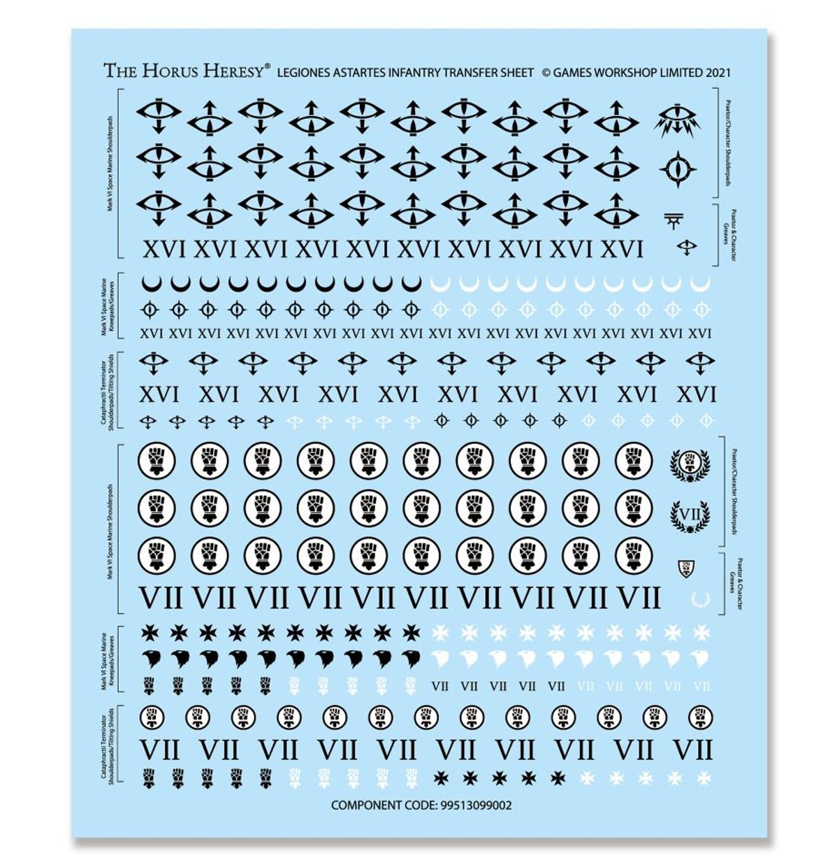 Legiones Astartes Infantry Transfer Sheet Horus Heresy - arkusz kalkomanii XVI Sons of Horus i VII Imperial Fists ikonografia piechoty i terminatorów czarne symbole na niebieskim tle 339 kalkomanii