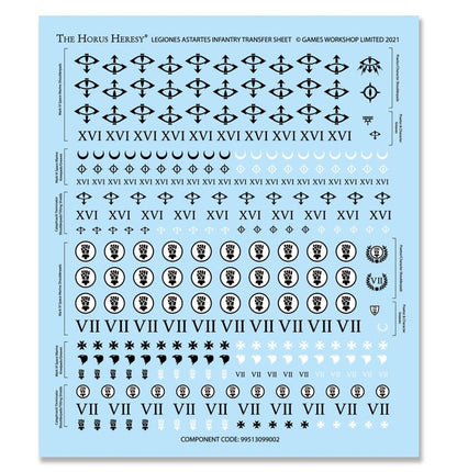 Legiones Astartes Infantry Transfer Sheet Horus Heresy - arkusz kalkomanii XVI Sons of Horus i VII Imperial Fists ikonografia piechoty i terminatorów czarne symbole na niebieskim tle 339 kalkomanii