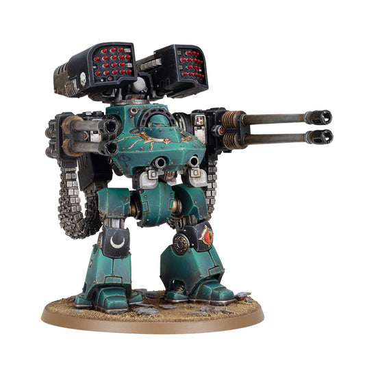 Deredeo Dreadnought Anvilus Configuration - widok z przodu z boku turkusowo-czarny dwa wyrzutniki rakiet Aiolos z czerwonymi głowicami podwójna lufa autocannon battery złoty symbol skrzydlatego pioruna na klatce piersiowej szare łańcuchowe ramiona symbol półksiężyca na kolanie Horus Heresy Legiones Astartes
