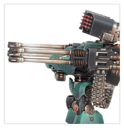 Deredeo Dreadnought Anvilus Configuration - zbliżenie prawego ramienia podwójna lufa autocannon battery z brązowymi lufami z otworami chłodzącymi i napisem XVI czarny wyrzutnik rakiet Aiolos z czerwonymi głowicami turkusowy korpus z czerwonym klejnotem na biodrze Horus Heresy