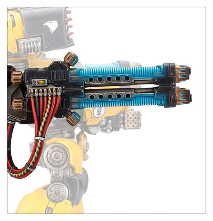 Deredeo Dreadnought Anvilus Configuration - zbliżenie hellfire plasma cannonade czarna obudowa z niebiesko-turkusową świecącą rurą kondensatora dwie lufy z niebieskimi szczelinami chłodzącymi brązowe złącza z niebieskimi klejnotami czerwono-czarne kable wskaźnik energii żółty korpus Imperial Fists Horus Heresy