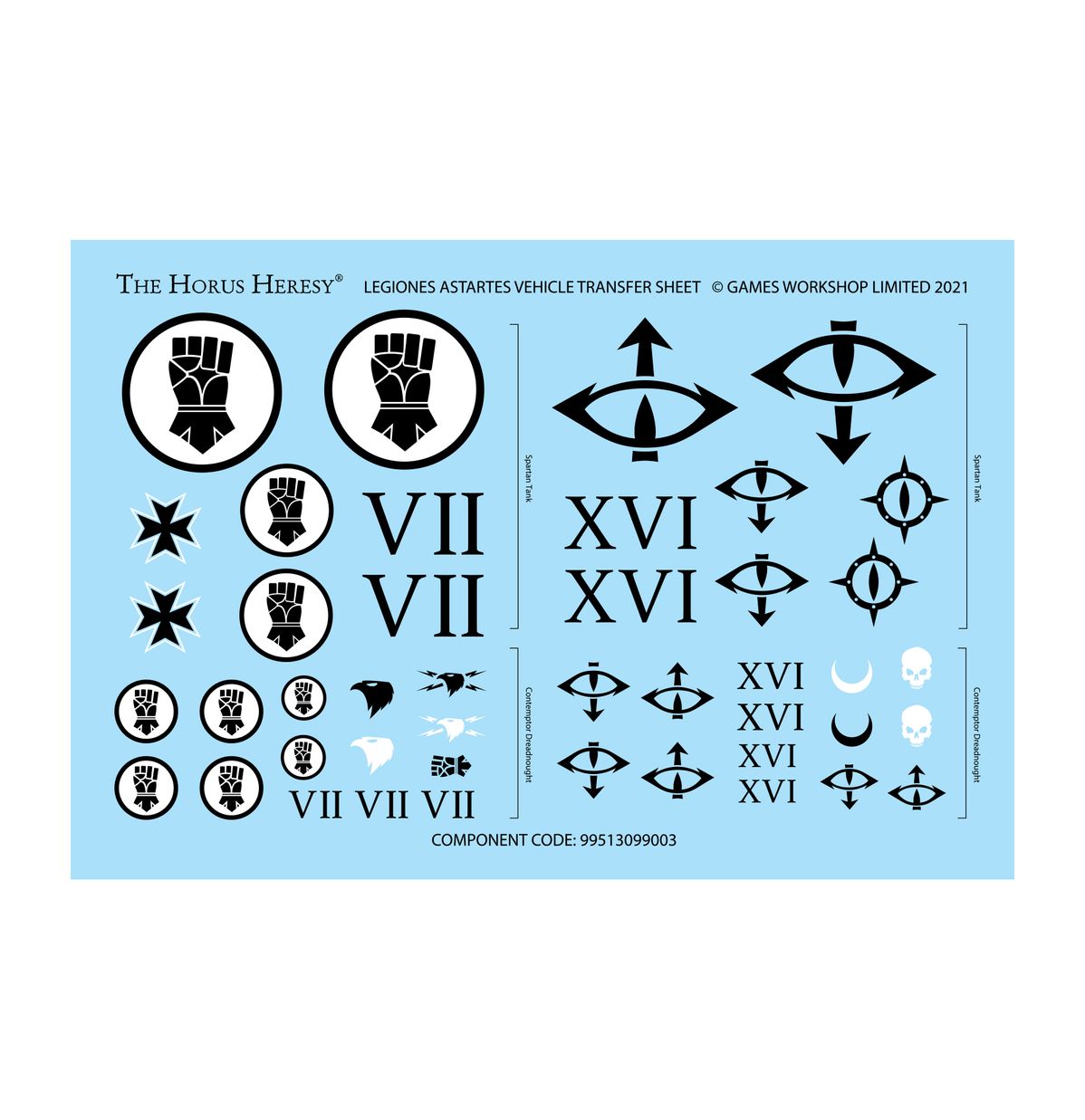 Legiones Astartes Vehicle Transfer Sheet - arkusz kalkomanii Imperial Fists VII pięść w kole krzyże maltańskie cyfry VII orły Sons of Horus XVI oko Horusa cyfry XVI półksiężyce czaszki oznaczenia Spartan Tank i Contemptor Dreadnought Games Workshop 2021 nr 99513099003 Horus Heresy