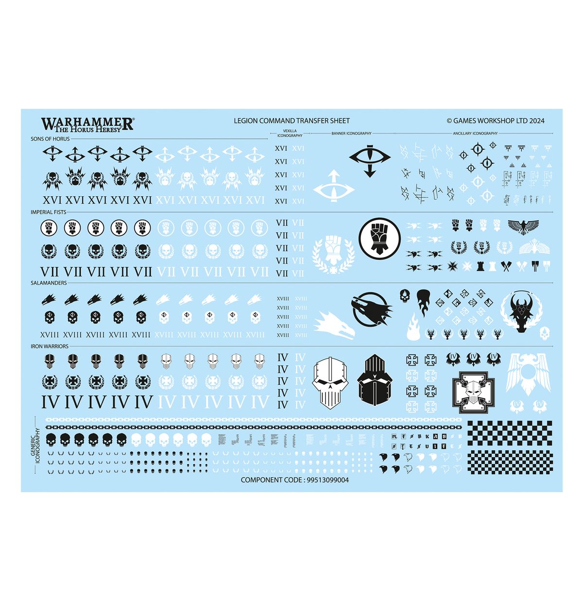 Legion Command Transfer Sheet - arkusz kalkomanii Sons of Horus XVI oko Horusa Imperial Fists VII pięść w kole Salamanders XVIII płomienie Iron Warriors IV czaszki i krzyże maltańskie Generic Iconography łańcuchy szachownica Games Workshop 2024 nr 99513099004 Horus Heresy