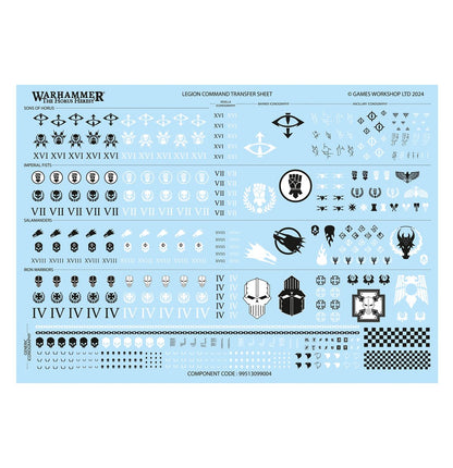 Legion Command Transfer Sheet - arkusz kalkomanii Sons of Horus XVI oko Horusa Imperial Fists VII pięść w kole Salamanders XVIII płomienie Iron Warriors IV czaszki i krzyże maltańskie Generic Iconography łańcuchy szachownica Games Workshop 2024 nr 99513099004 Horus Heresy