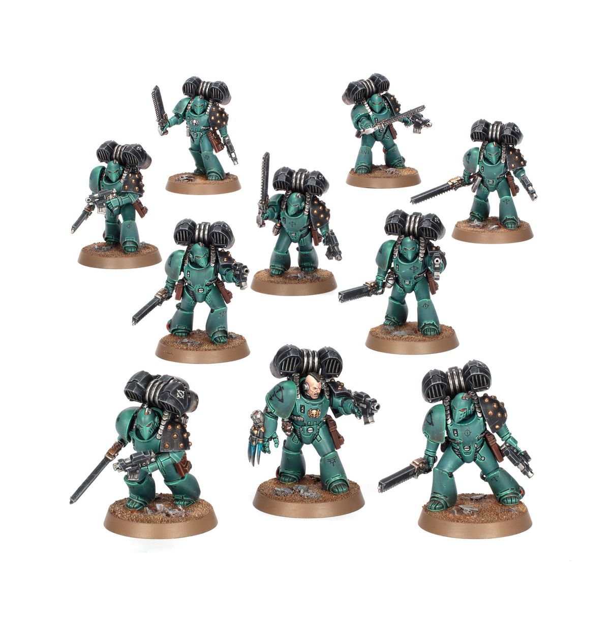 Legion MKVI Assault Squad - widok grupowy 10 Space Marines Legiones Astartes w zbroi Mark VI Corvus z Warhawk jump packami Horus Heresy