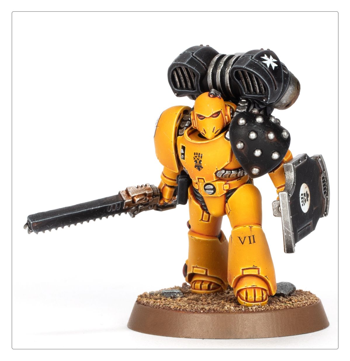 Legion MKVI Assault Squad - widok grupowy Space Marines Legiones Astartes w zbroi Mark VI z jump packami i chainswordami Horus Heresy