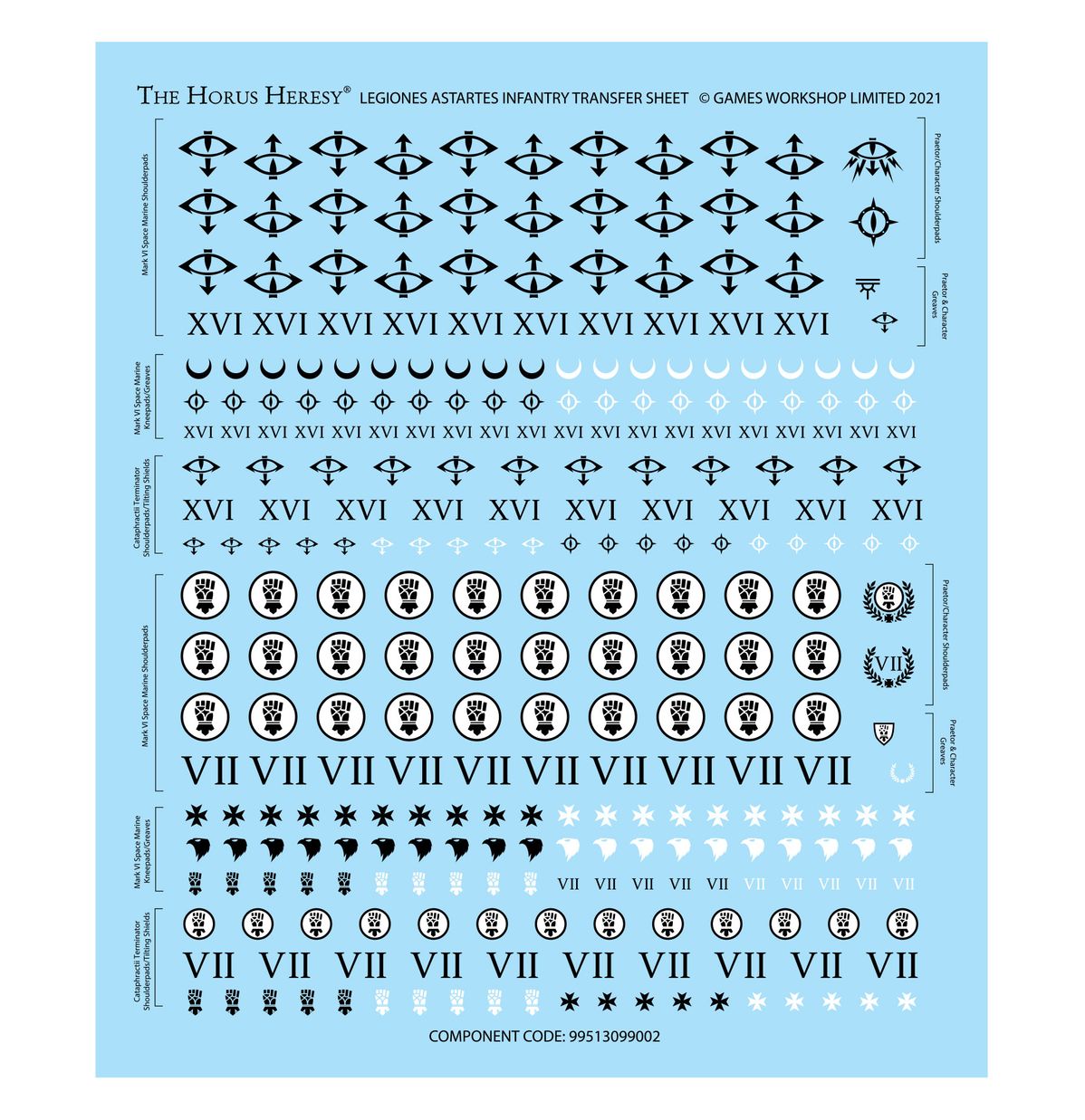 Legiones Astartes Infantry Transfer Sheet - arkusz kalkomanii Sons of Horus XVI i Imperial Fists VII 293 oznaczenia dla Mark VI i Cataphractii Terminator Horus Heresy