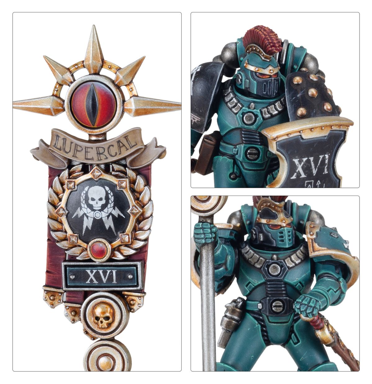 MKVI Legion Command Squad - 3 kadry zbliżenie vexilla Sons of Horus XVI złota gwiazda z czerwonym okiem Horusa napis LUPERCAL medalion z białą czaszką w wieńcu laurowym tabliczka XVI zbliżenie Chosen Warrior z czerwonym grzebieniem i złotą przyłbicą Standard Bearer trzymający srebrny drąg Horus Heresy