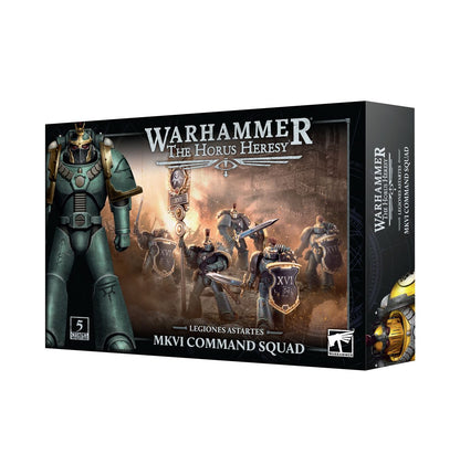 MKVI Legion Command Squad - pudełko Warhammer The Horus Heresy Legiones Astartes MKVI Command Squad ciemnoszare ilustracja 5 Sons of Horus XVI w ciemnozielonej zbroi MKVI z power swordami i combat shieldami na płonącym polu bitwy vexilla w tle 5 Citadel Miniatures Games Workshop