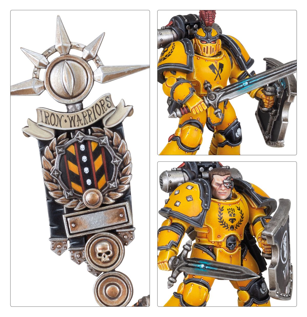 MKIII Legion Command Squad - 3 kadry zbliżenie sztandaru Iron Warriors z gwiazdą z kolcami i napisem IRON WARRIORS żółto-czarne chevrons z czaszkami Chosen Warrior z czerwonym grzebieniem power sword i combat shield Chosen Warrior z cybernetycznym okiem Horus Heresy