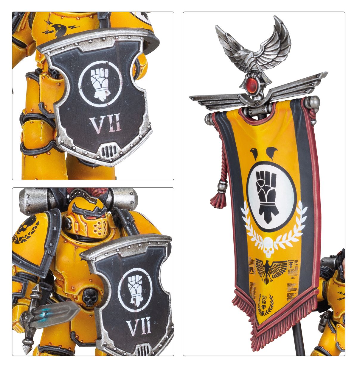 MKIII Legion Command Squad - 3 kadry zbliżenie czarnego combat shield z symbolem pięści i napisem VII zbliżenie combat shield na zbroi z czerwonym grzebieniem zbliżenie żółto-czarnego sztandaru Imperial Fists z orłem na szczycie Horus Heresy