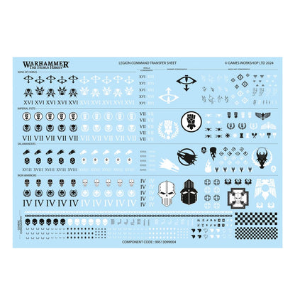 Legion Command Transfer Sheet - arkusz kalkomanii Sons of Horus XVI oko Horusa Imperial Fists VII pięść w kole Salamanders XVIII płomienie Iron Warriors IV czaszki i krzyże maltańskie General Iconography Vexilla i Banner Iconography Horus Heresy 2024