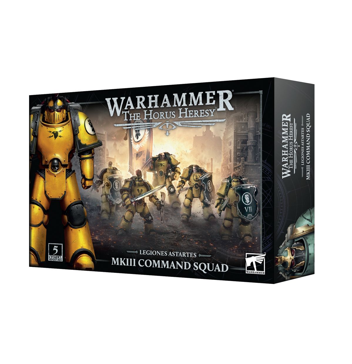 MKIII Legion Command Squad - pudełko Warhammer The Horus Heresy Legiones Astartes ciemnoszare ilustracja 5 żółtych Space Marines w zbroi MKIII z power swordami i combat shieldami vexilla w tle 5 Citadel Miniatures Games Workshop