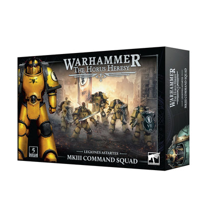 MKIII Legion Command Squad - pudełko Warhammer The Horus Heresy Legiones Astartes ciemnoszare ilustracja 5 żółtych Space Marines w zbroi MKIII z power swordami i combat shieldami vexilla w tle 5 Citadel Miniatures Games Workshop