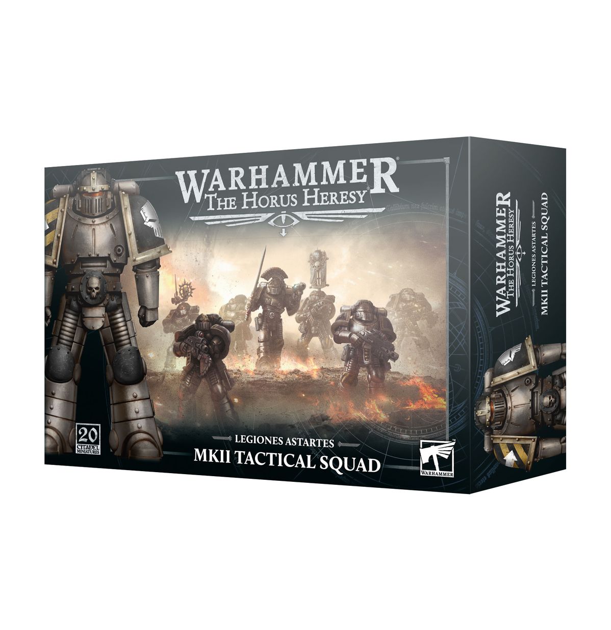MKII Tactical Squad - pudełko Warhammer The Horus Heresy Legiones Astartes ciemnoszare ilustracja 5 Space Marines w zbroi Mark II na płonącym polu bitwy vexilla w tle Iron Warriors z żółto-czarnym naramiennikiem 20 Citadel Miniatures Games Workshop