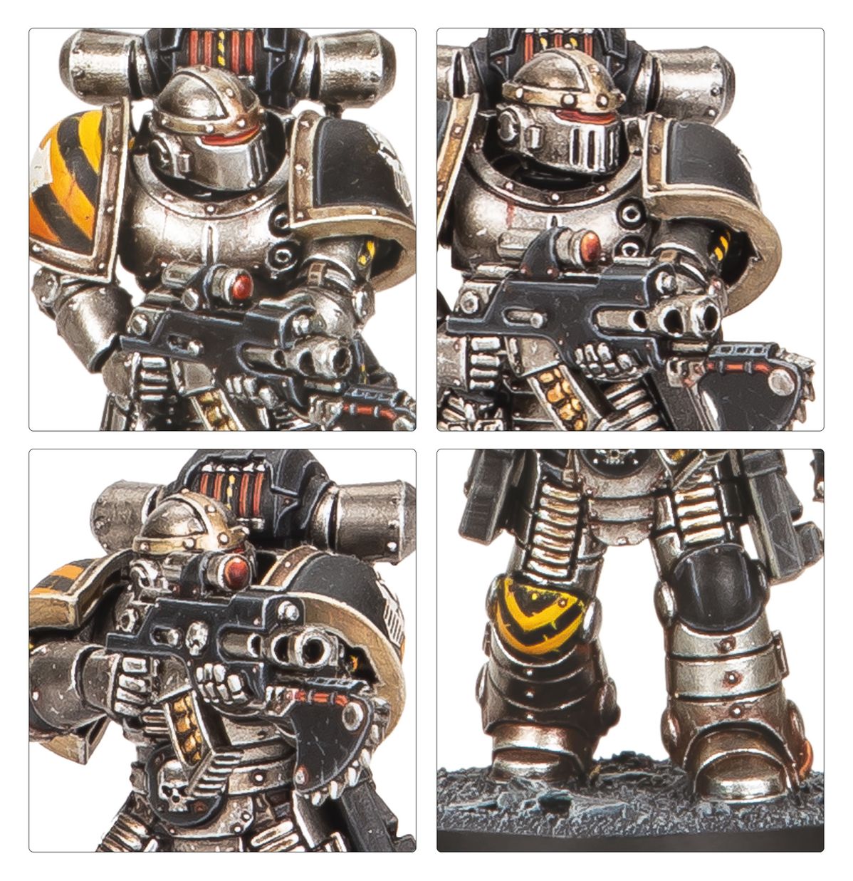 MKII Tactical Squad Iron Warriors - 4 zbliżenia klatka piersiowa z żółto-czarnymi pasami i bolterem hełm z czerwonym paskiem bolter z przodu nogi z żółto-czarnym wzorem na kolanie Horus Heresy