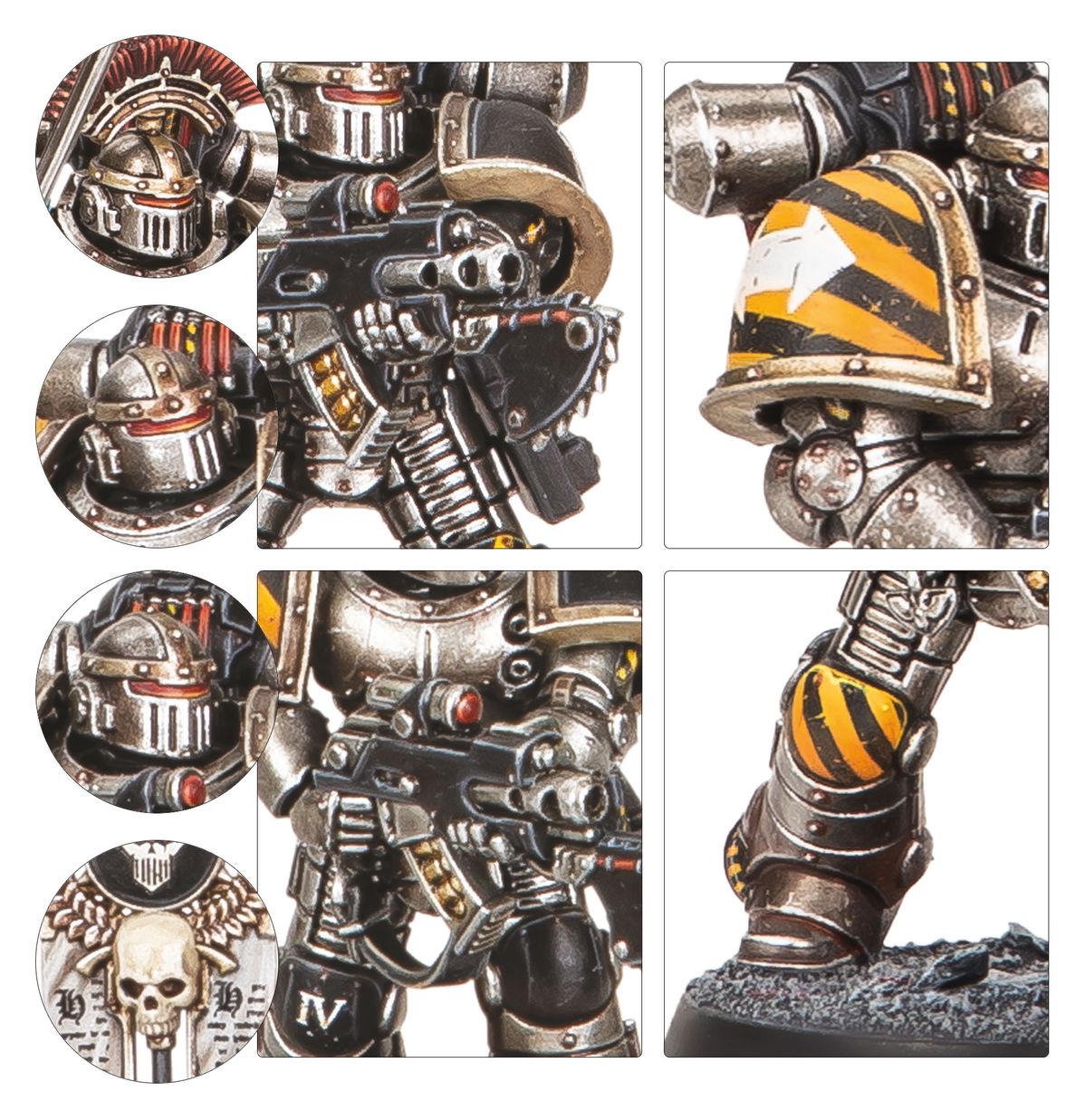 MKII Tactical Squad Iron Warriors - 6 zbliżeń 3 opcje hełmów z czerwonymi detalami bolter z combat shield naramiennik z żółto-czarnymi pasami i białą strzałką vexilla z czaszką i napisem OLYMPIA Horus Heresy