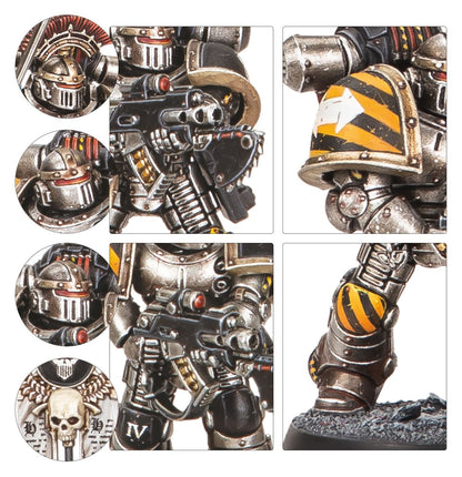 MKII Tactical Squad Iron Warriors - 6 zbliżeń 3 opcje hełmów z czerwonymi detalami bolter z combat shield naramiennik z żółto-czarnymi pasami i białą strzałką vexilla z czaszką i napisem OLYMPIA Horus Heresy