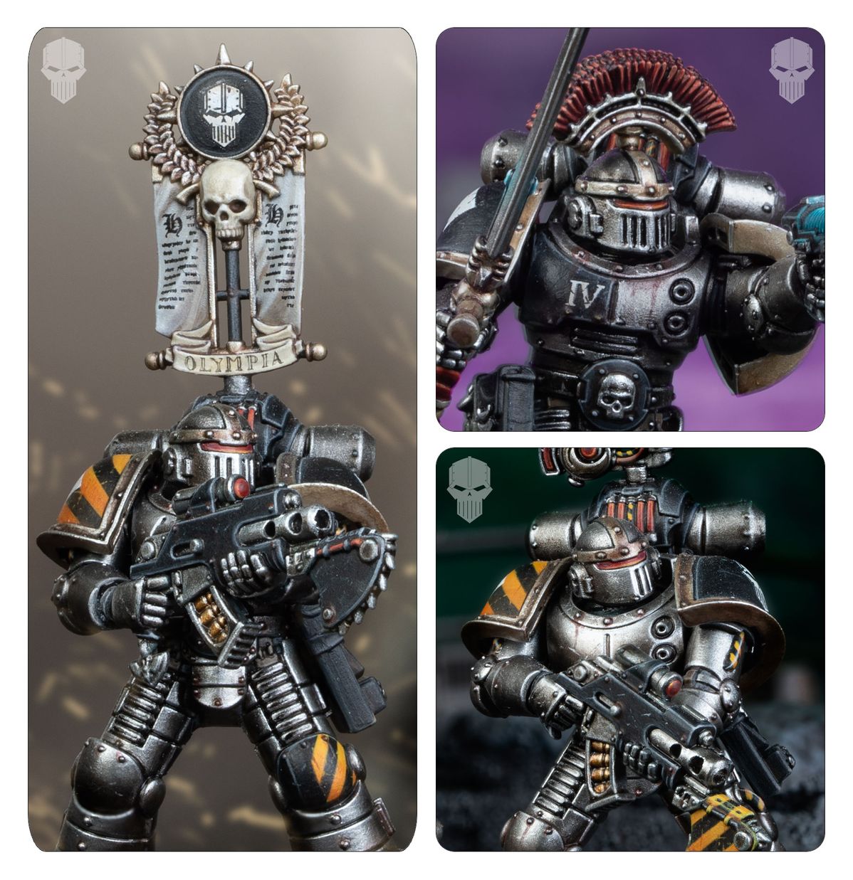MKII Tactical Squad Iron Warriors - 3 kadry Legionary z vexilla OLYMPIA i bolterem Sergeant z czerwonym grzebieniem power sword i napis IV Legionary z bolterem i żółto-czarnym naramiennikiem Horus Heresy