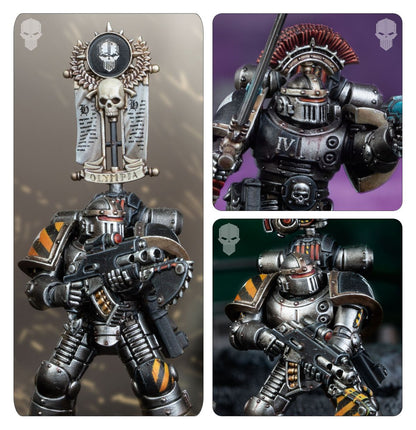 MKII Tactical Squad Iron Warriors - 3 kadry Legionary z vexilla OLYMPIA i bolterem Sergeant z czerwonym grzebieniem power sword i napis IV Legionary z bolterem i żółto-czarnym naramiennikiem Horus Heresy
