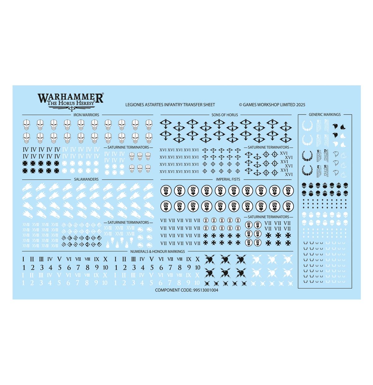 Legiones Astartes Infantry Transfer Sheet - arkusz kalkomanii Iron Warriors IV czaszki i krzyże maltańskie Sons of Horus XVI oko Horusa Salamanders XVIII białe płomienie Imperial Fists VII pięść w kole cyfry rzymskie i arabskie Generic Markings Horus Heresy 2025