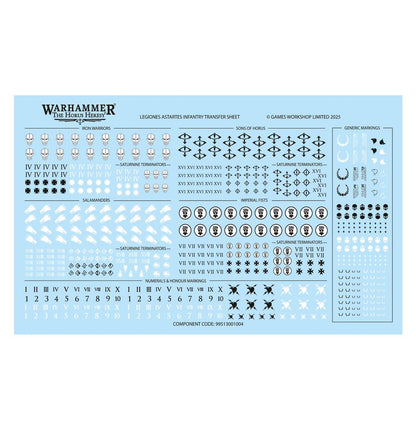 Legiones Astartes Infantry Transfer Sheet - arkusz kalkomanii Iron Warriors IV czaszki i krzyże maltańskie Sons of Horus XVI oko Horusa Salamanders XVIII białe płomienie Imperial Fists VII pięść w kole cyfry rzymskie i arabskie Generic Markings Horus Heresy 2025