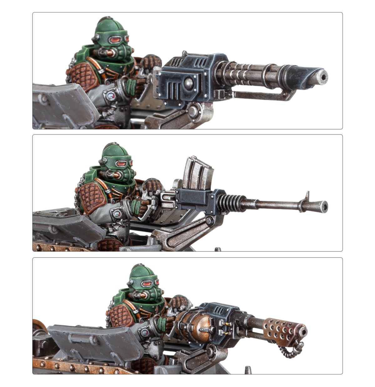 Solar Auxilia Malcador Heavy Tank - 3 opcje broni pintle gunnera multi-laser heavy stubber z magazynkiem i heavy flamer z brązowym zbiornikiem gunner w zielonym hełmie z czerwonymi oczami Horus Heresy