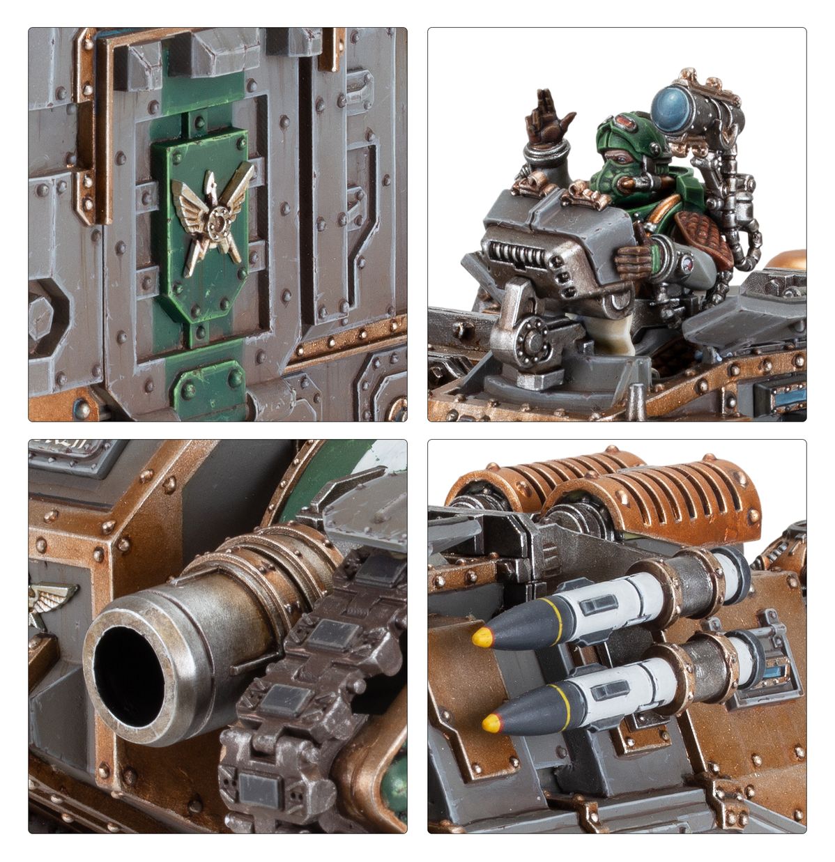 Solar Auxilia Malcador Heavy Tank - zbliżenia zielony panel ze złotym orłem Solar Auxilia gunner z niebieskim okularkiem i mechanicznym ramieniem lufa demolisher cannon i hunter-killer missiles z żółtymi głowicami Horus Heresy